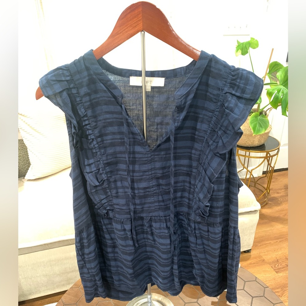 LOFT Navy Blue Striped Cotton Ruffled Top